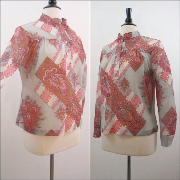 Vintage Mr. Dino 70s Blouse Psychedelic Print Nehru Collar Shirt Top - Picture 2 of 4